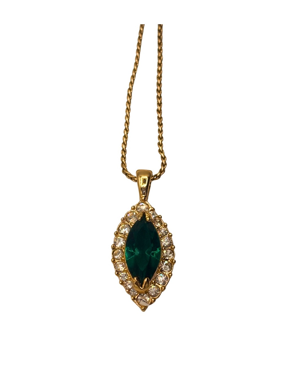Avon Gold Tone Emerald Green Marquise Pendant Necklace - Women Jewelry